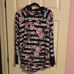 LuLaRoe Amber Black and Pink Floral Striped Hoodie